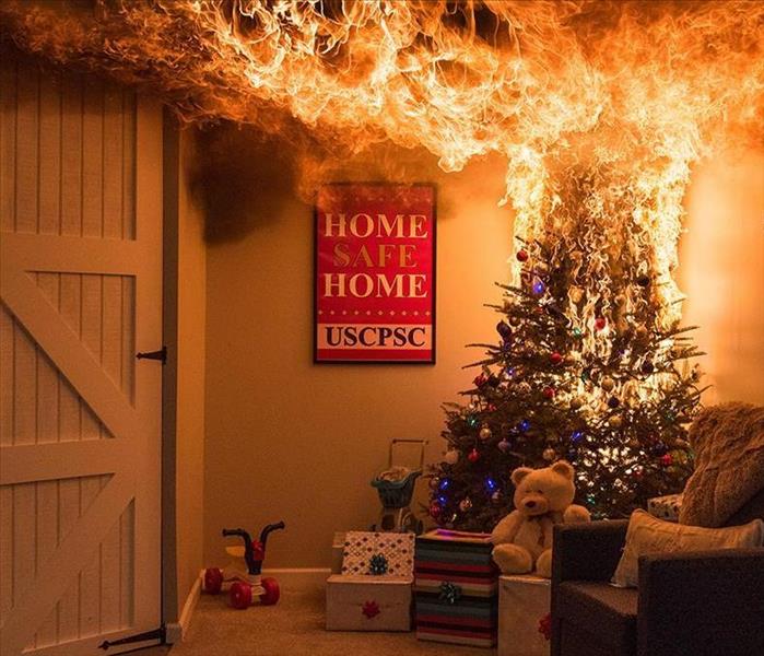 A Christmas tree burning 